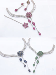 Floral Elegance Jewelry Set – Premium Artificial Stone Necklace, Earrings & Maang Tikka (Multiple Colors)