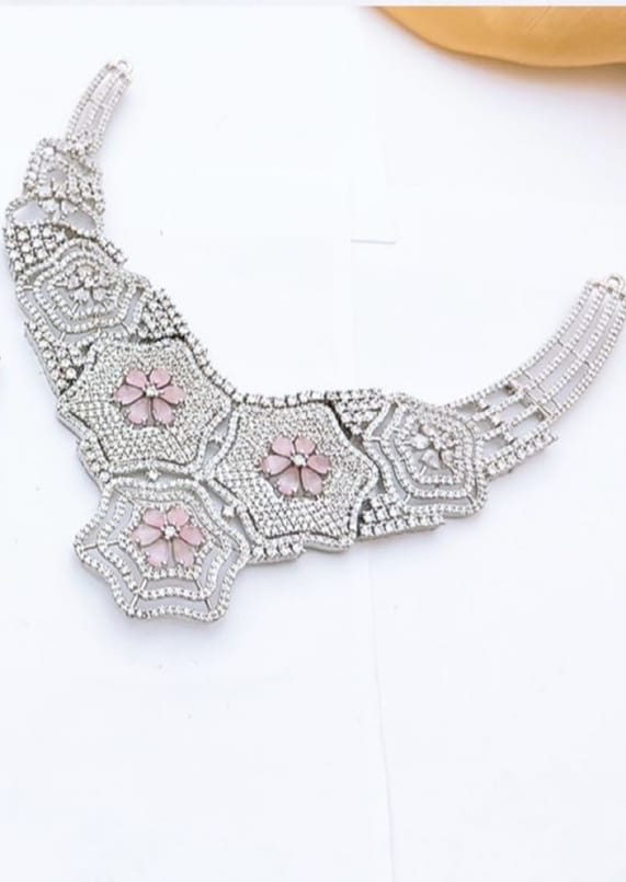 Royal Hexa Floral Jewelry Set – Premium Artificial Diamond Necklace, Earrings & Maang Tikka (Multi-Color Options)