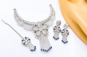Elegant Floral Designer Necklace Set – Premium Artificial Diamond Jewelry with Earrings & Maang Tikka