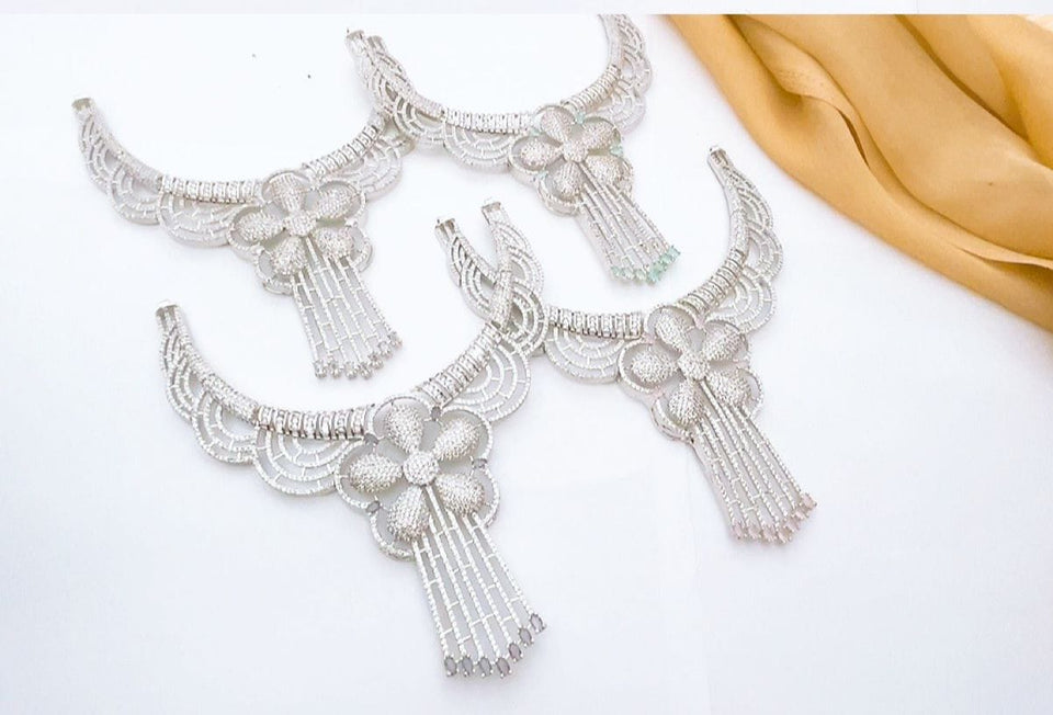 Elegant Floral Designer Necklace Set – Premium Artificial Diamond Jewelry with Earrings & Maang Tikka