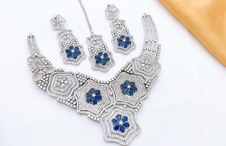 Royal Hexa Floral Jewelry Set – Premium Artificial Diamond Necklace, Earrings & Maang Tikka (Multi-Color Options)