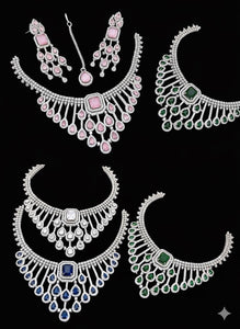 Luxury Crystal Bridal Jewelry Set – Premium Artificial Diamond Necklace, Earrings & Maang Tikka (Multiple Colors Available)