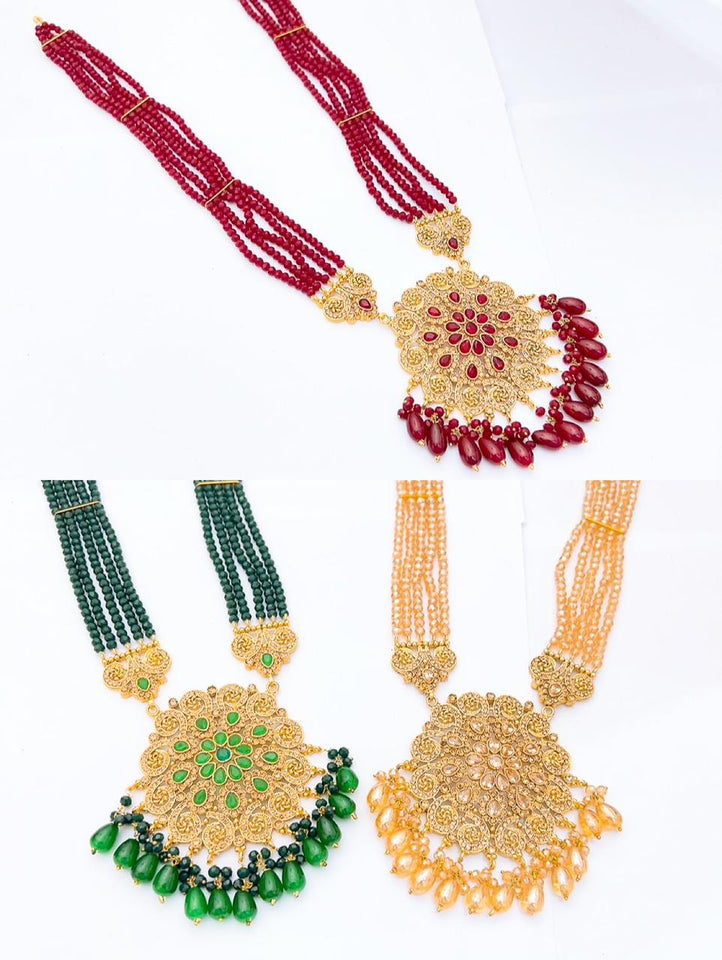 Royal Multi-Layer Beaded Necklace Set | Traditional Long Mala with Kundan Pendant