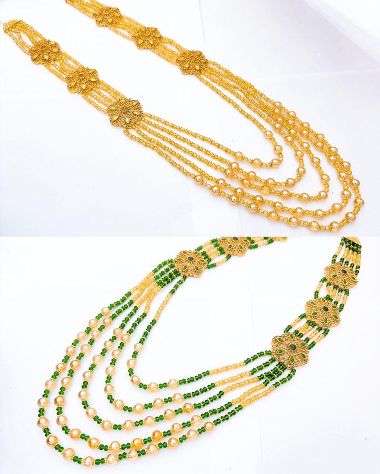 Royal Multi-Layer Beaded Necklace Set | Traditional Long Mala with Kundan Pendant