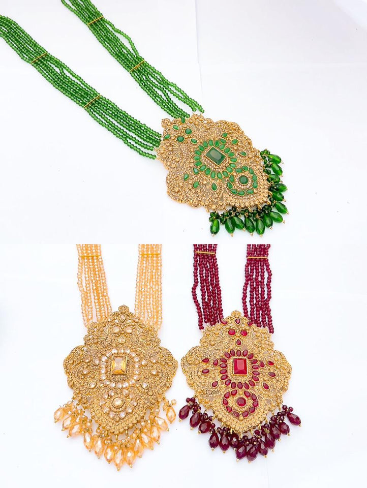 Royal Multi-Layer Beaded Necklace Set | Traditional Long Mala with Kundan Pendant