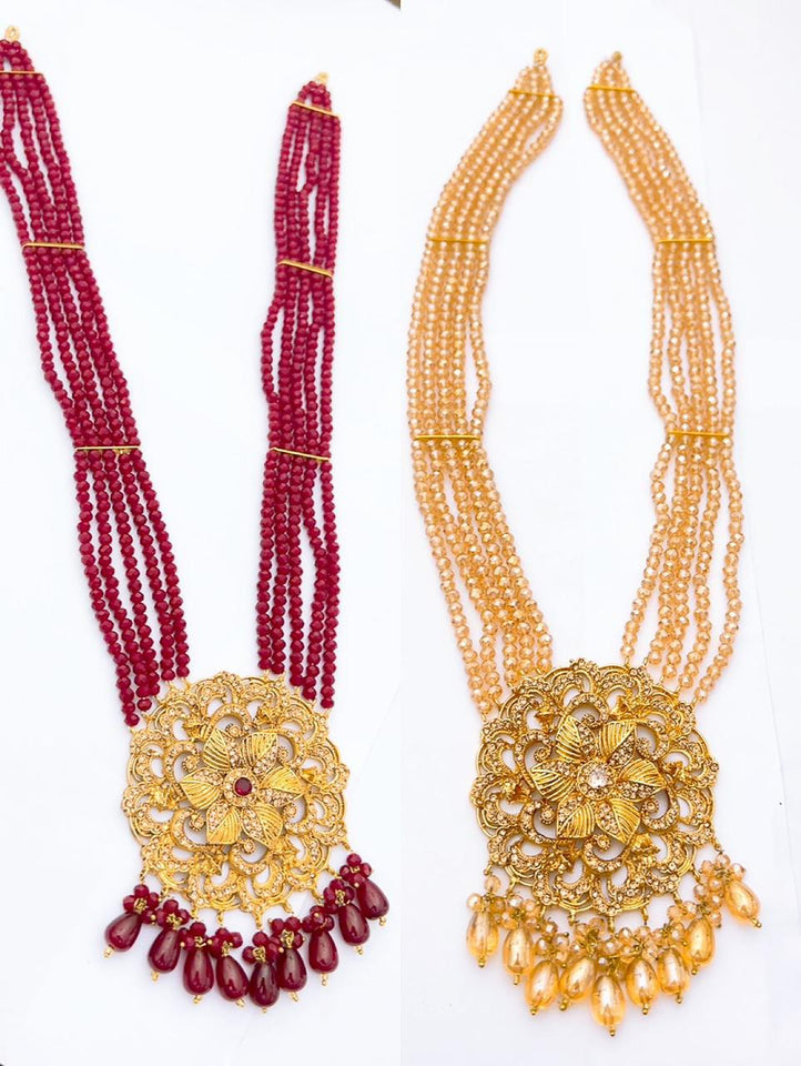 Royal Multi-Layer Beaded Necklace Set | Traditional Long Mala with Kundan Pendant