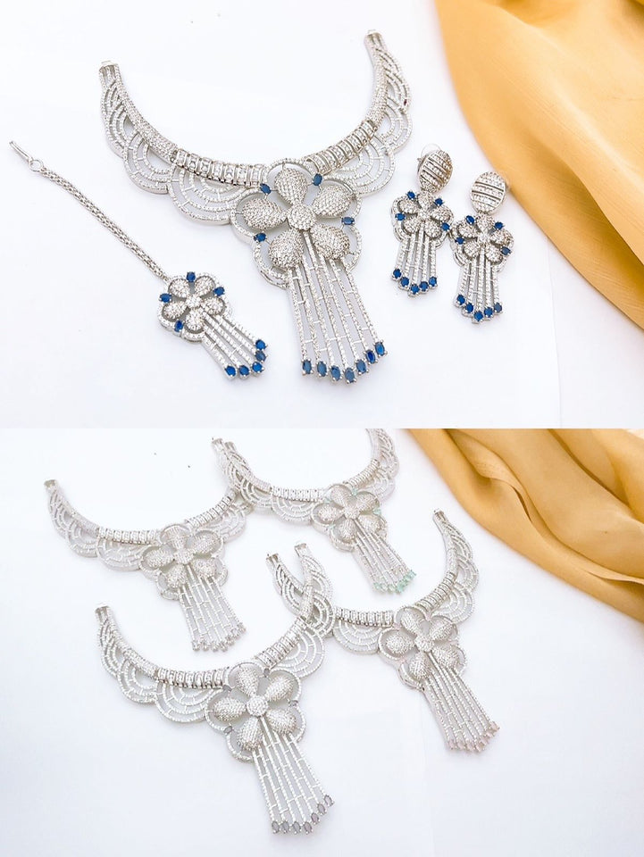 Elegant Floral Designer Necklace Set – Premium Artificial Diamond Jewelry with Earrings & Maang Tikka