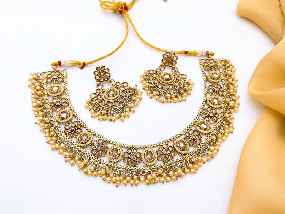 Traditional Kundan Style Gold-Plated Necklace Set with Earrings | Party & Wedding Jewelry