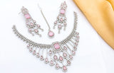 Luxury Crystal Bridal Jewelry Set – Premium Artificial Diamond Necklace, Earrings & Maang Tikka (Multiple Colors Available)